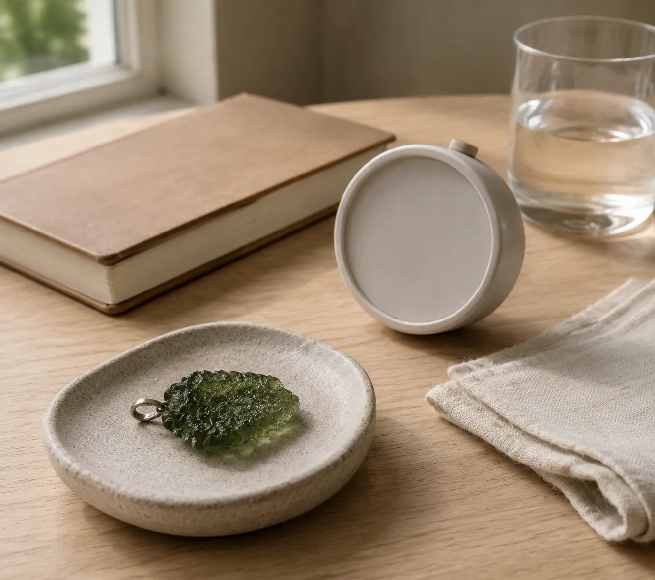 A single piece of moldavite beside a simple two-hour daytime use setup