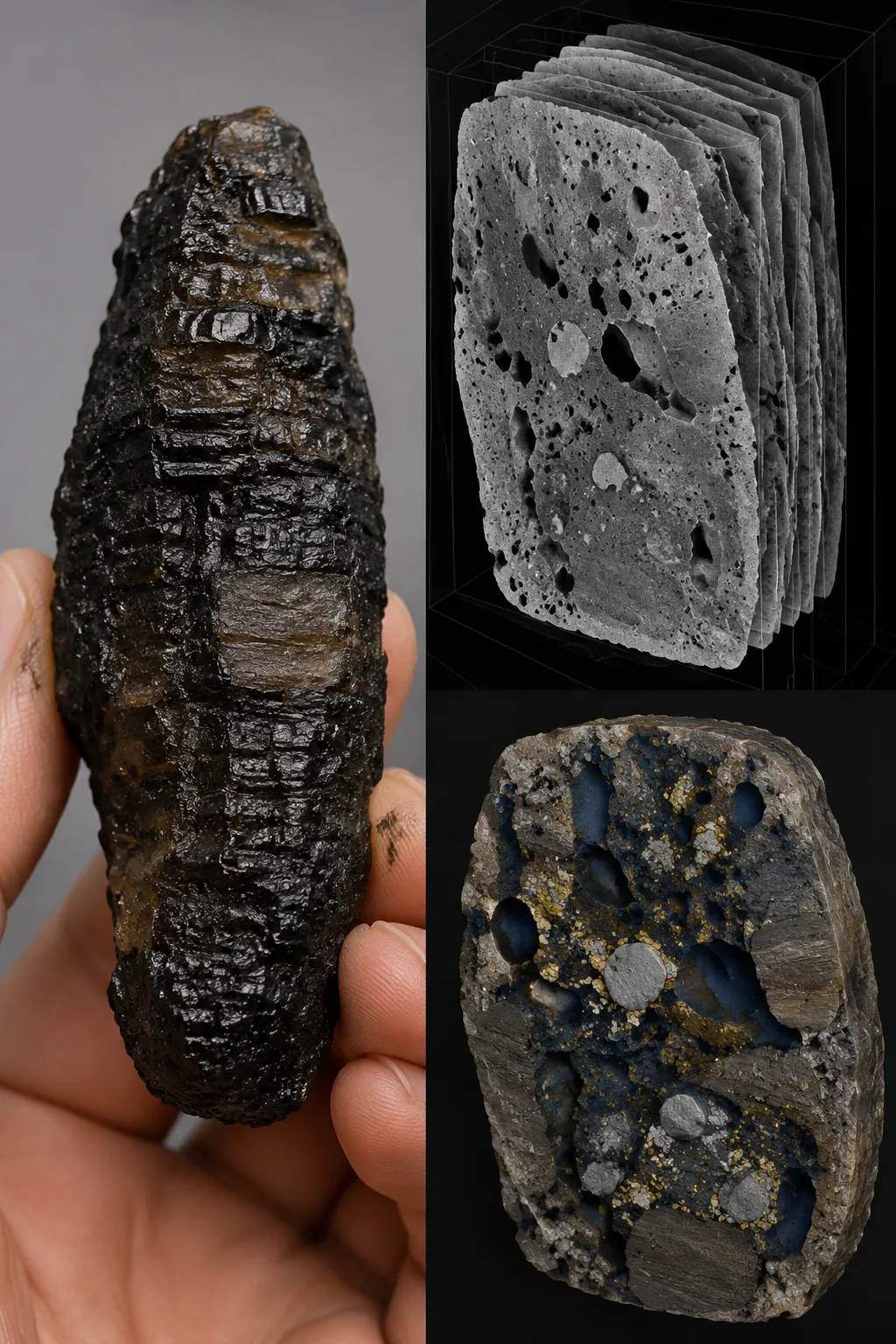 Layered tektite interpretation boundary comparing surface bands with internal vesicles, inclusions, and segmented porosity