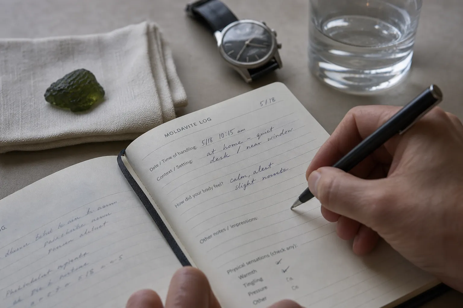 A moldavite handling scene with a brief personal record beside the stone, focused on symptoms, timing, and context.