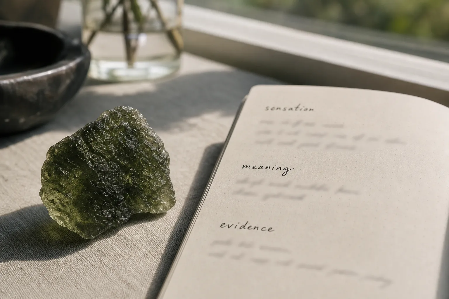 A moldavite specimen beside a simple observation note separating sensation, meaning, and evidence.