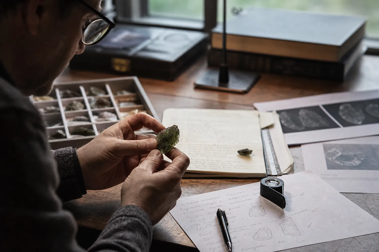 A collector comparing a moldavite specimen with conference documentation placeholders and provenance notes