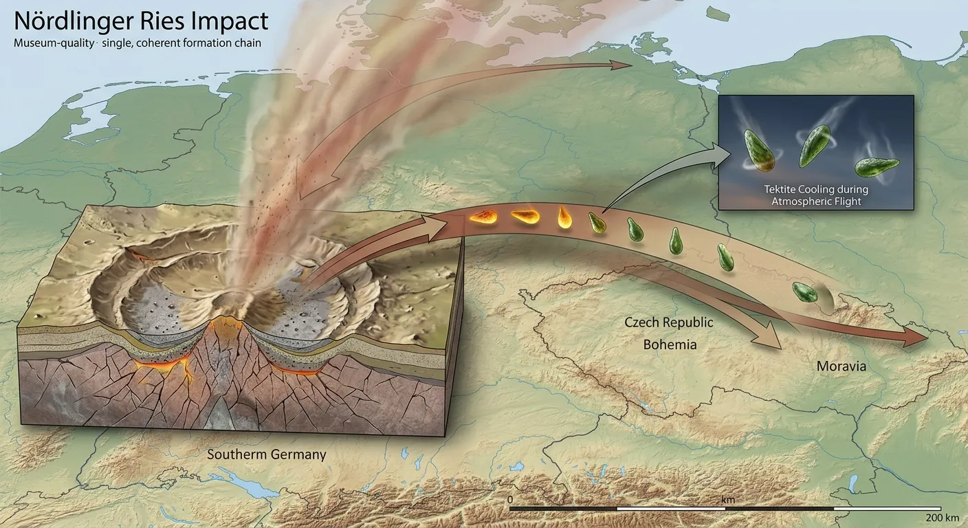 Conceptual view of the Nördlinger Ries impact sending silica-rich material outward toward Central European moldavite formation