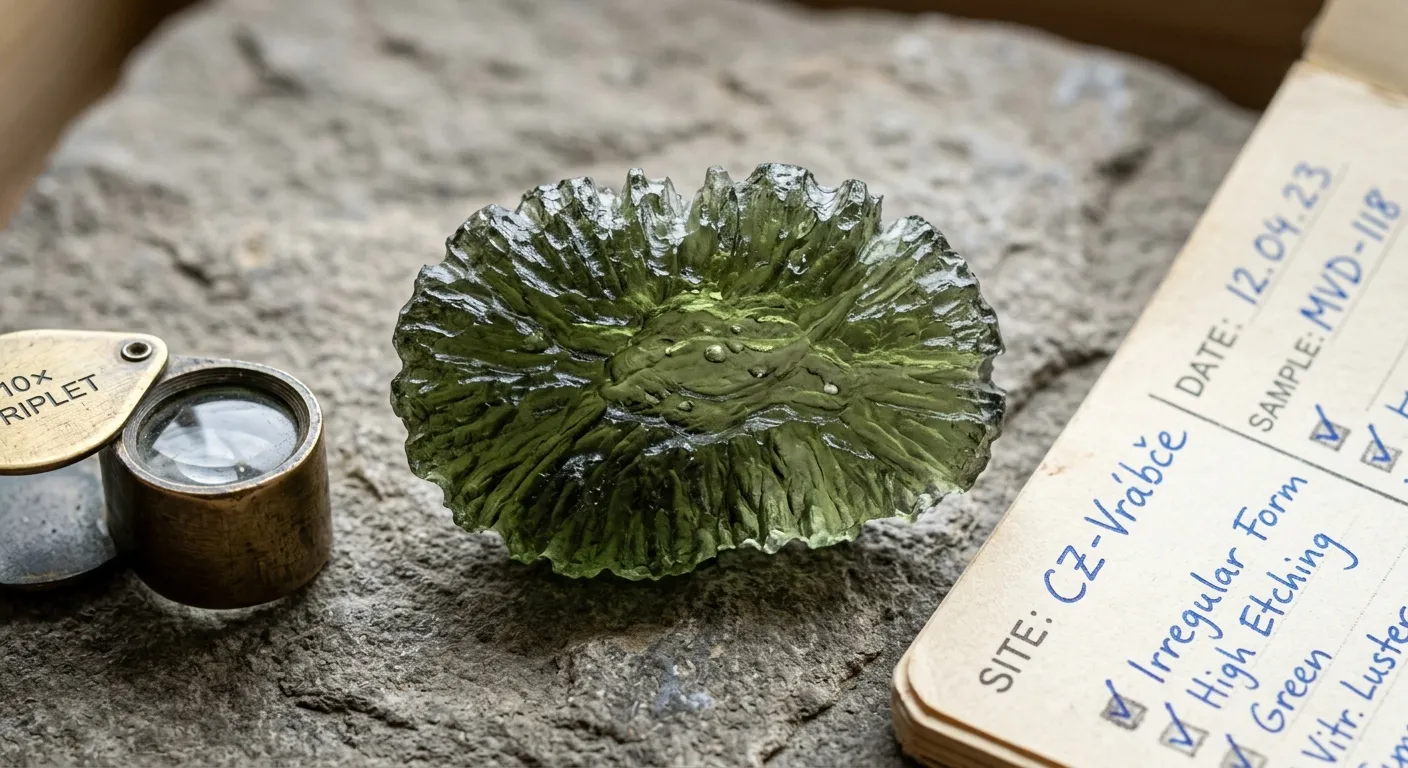Irregular green moldavite specimen showing etched surface texture, flow structure, and signs that require contextual interpretation