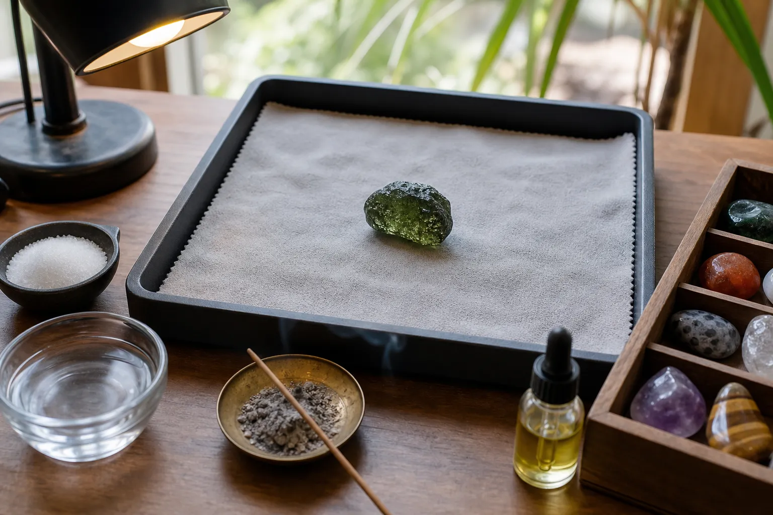 Tektite kept separate from salt, water, residue, heat, and harder stones during care decisions