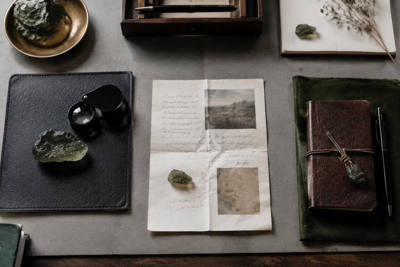 A moldavite inspection scene focused on separating surface form, identity evidence, and belief language