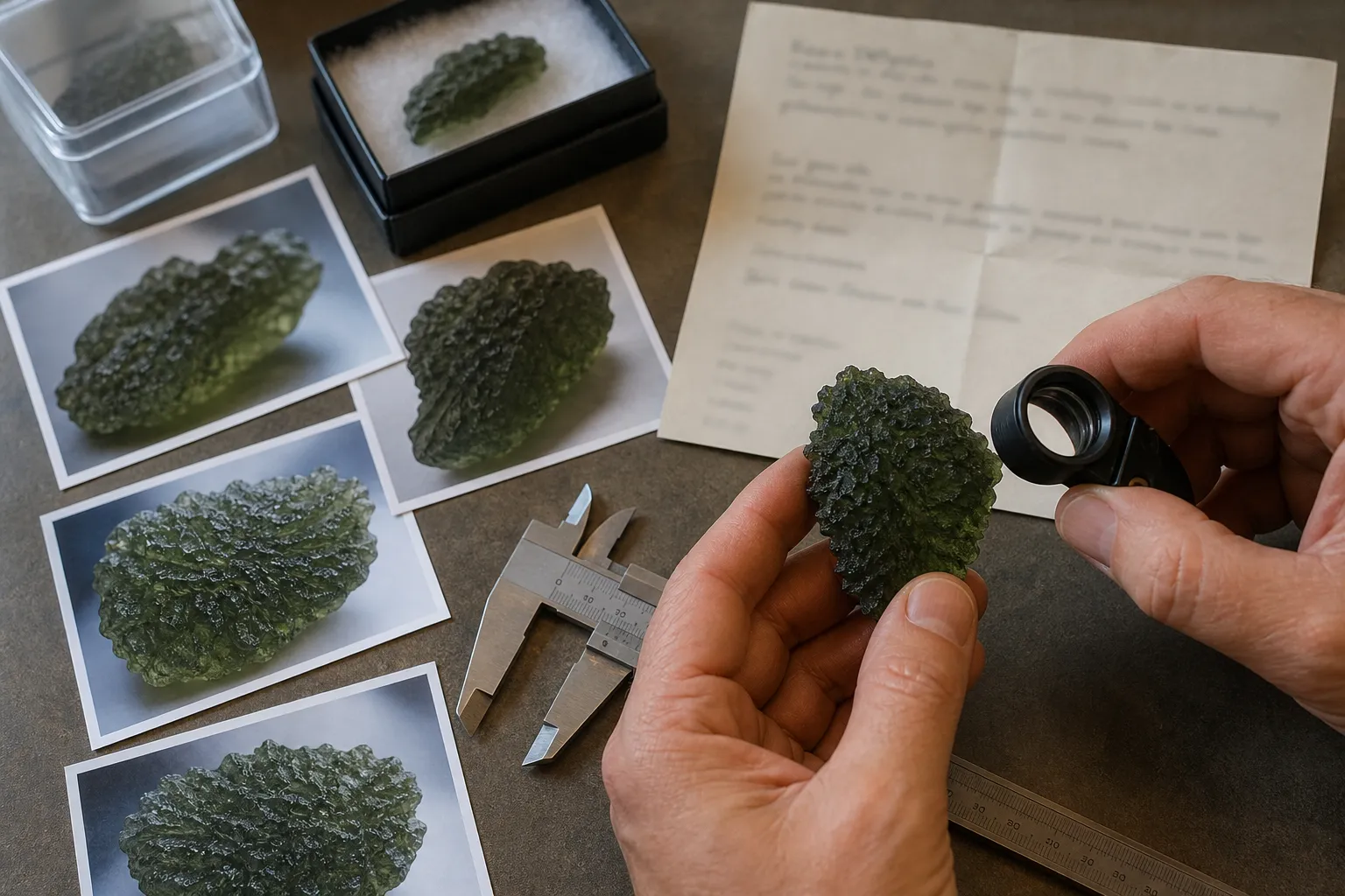 A buyer comparing spiky surface texture with provenance notes and clearer views before accepting a Besednice claim