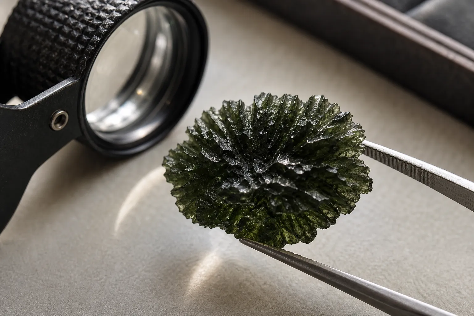 A spiky Besednice-style moldavite surface presented as a visual clue rather than proof of authenticity
