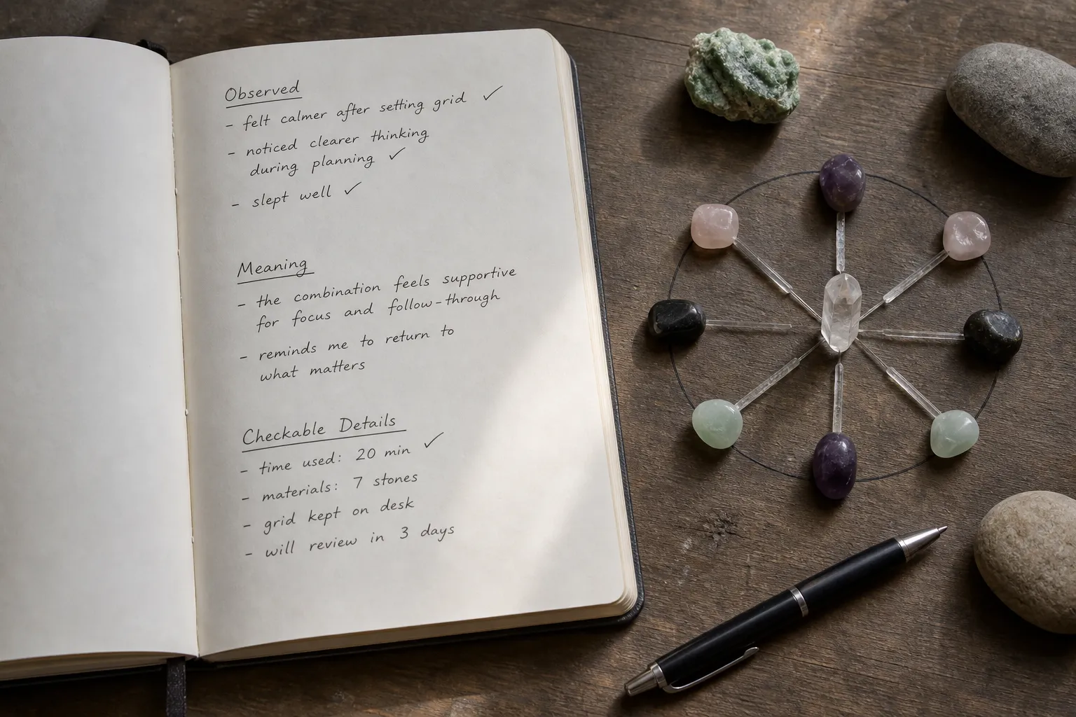 A journal page separating crystal grid observations, possible meanings, and what can actually be verified after meditation