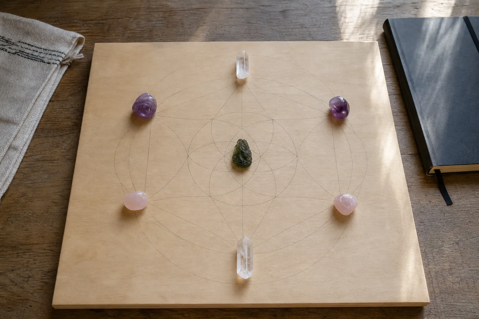 A simple sacred geometry crystal grid with one center stone, anchor stones, open space, and a stable base for meditation