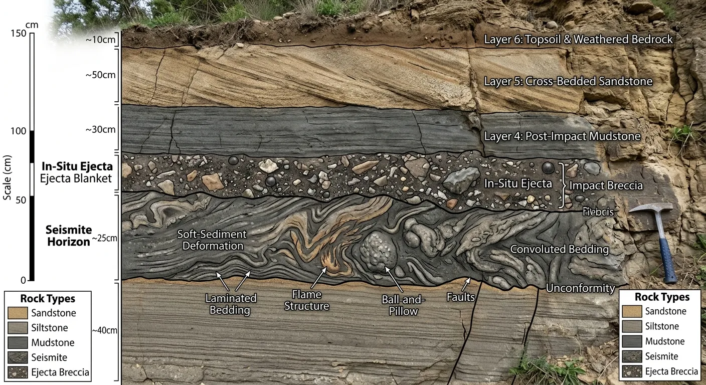 Stratigraphic profile showing a seismite horizon capped by in-situ ejecta
