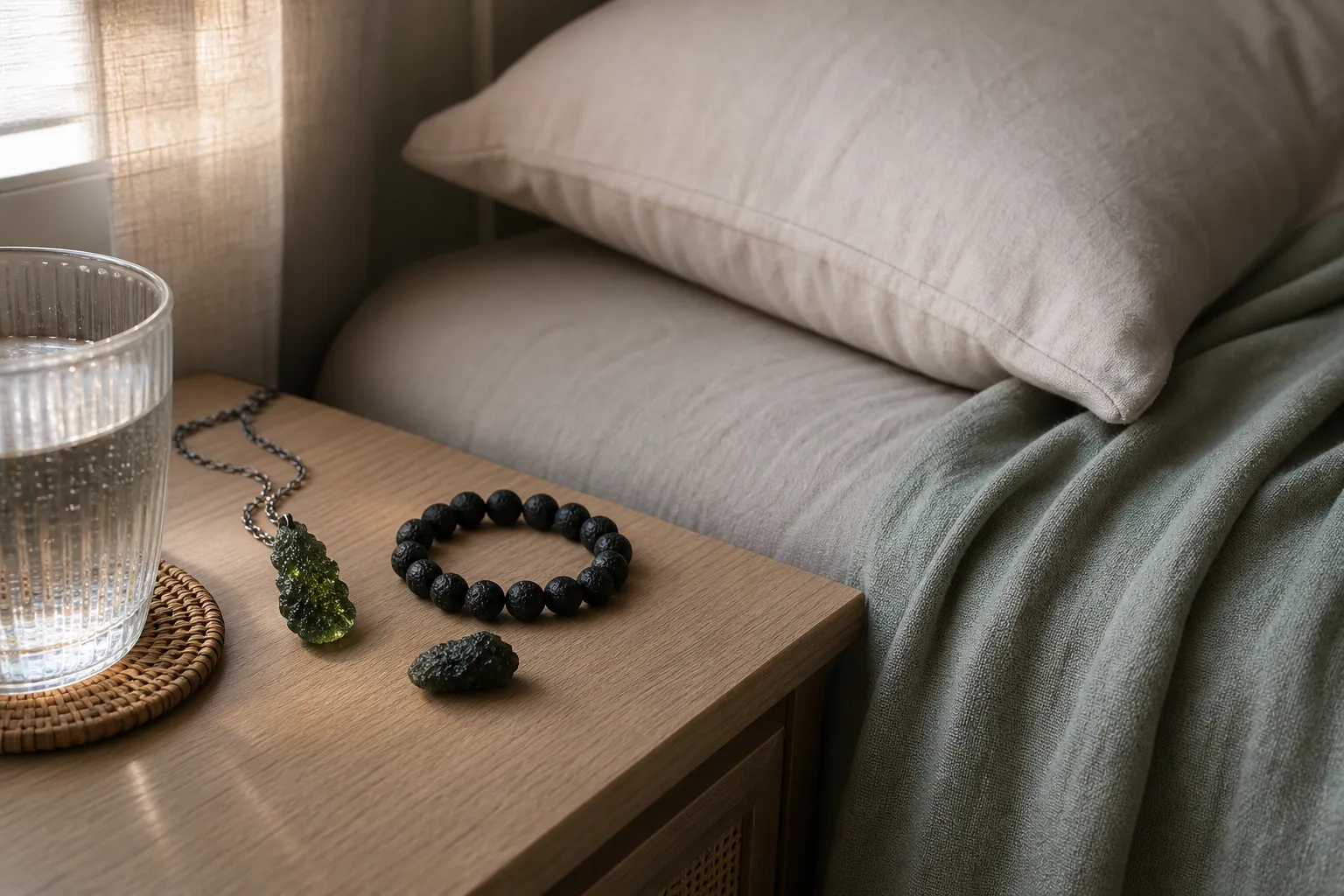 A moldavite pendant, tektite bracelet, and loose stone placed near bedding to show the bedtime choice without claiming a sleep effect