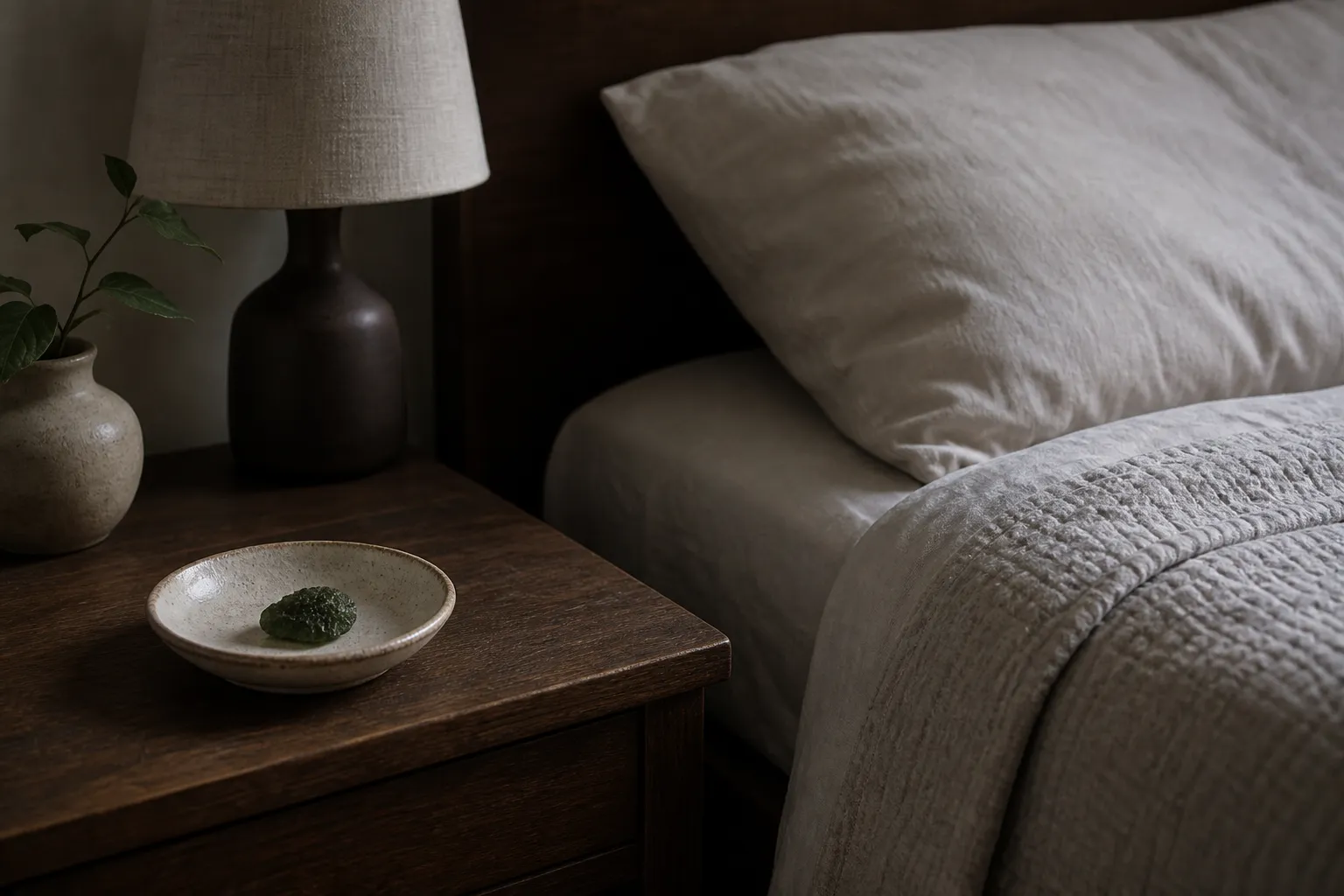 A bedside arrangement showing moldavite moved away from the pillow to separate symbolic practice from physical sleep comfort