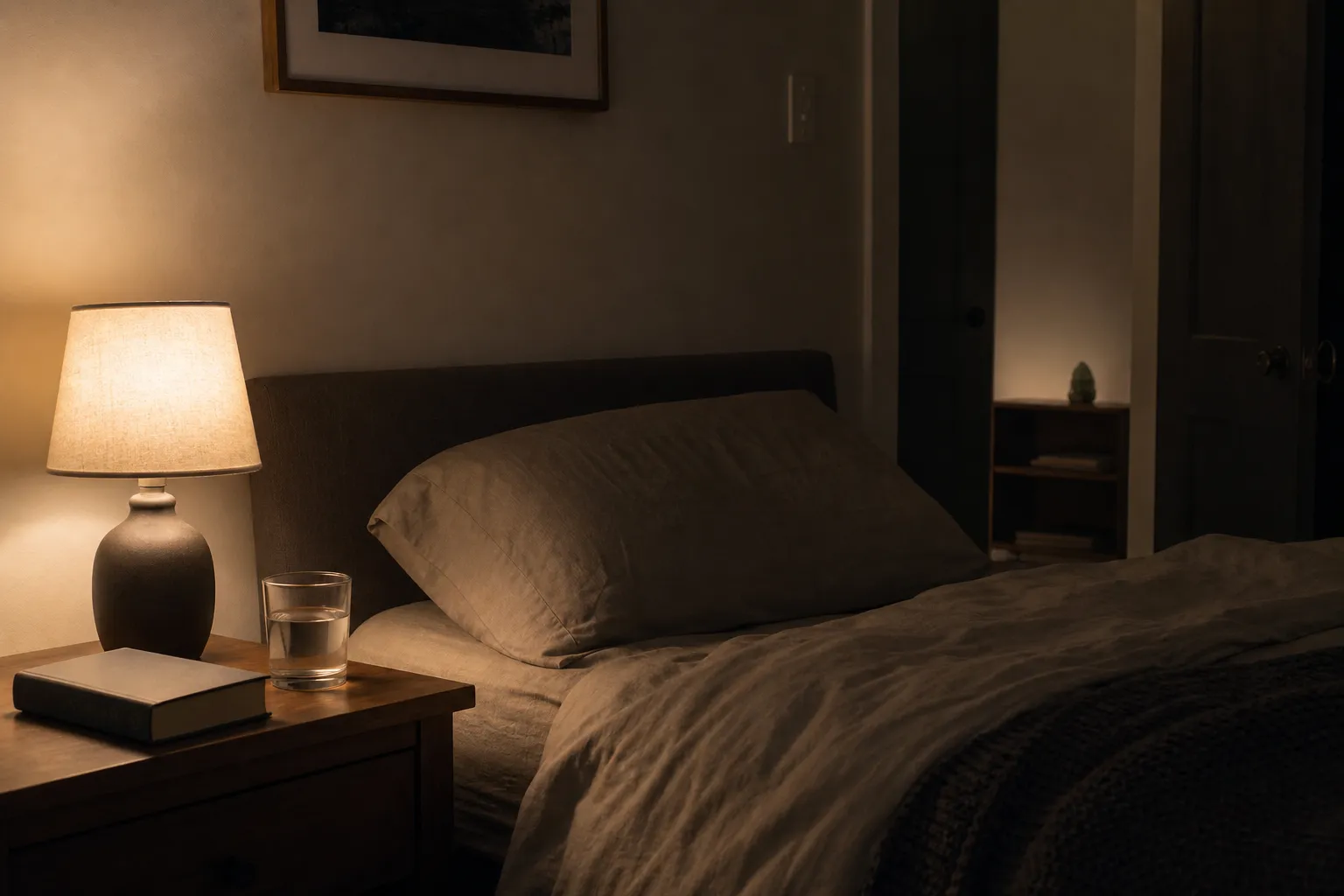 A calm bedroom nightstand with moldavite moved outside the immediate sleep area.