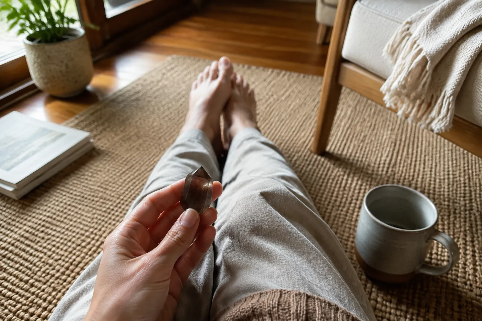 Smoky Quartz used in a simple two minute grounding ritual with feet on the floor and attention on ordinary sensations