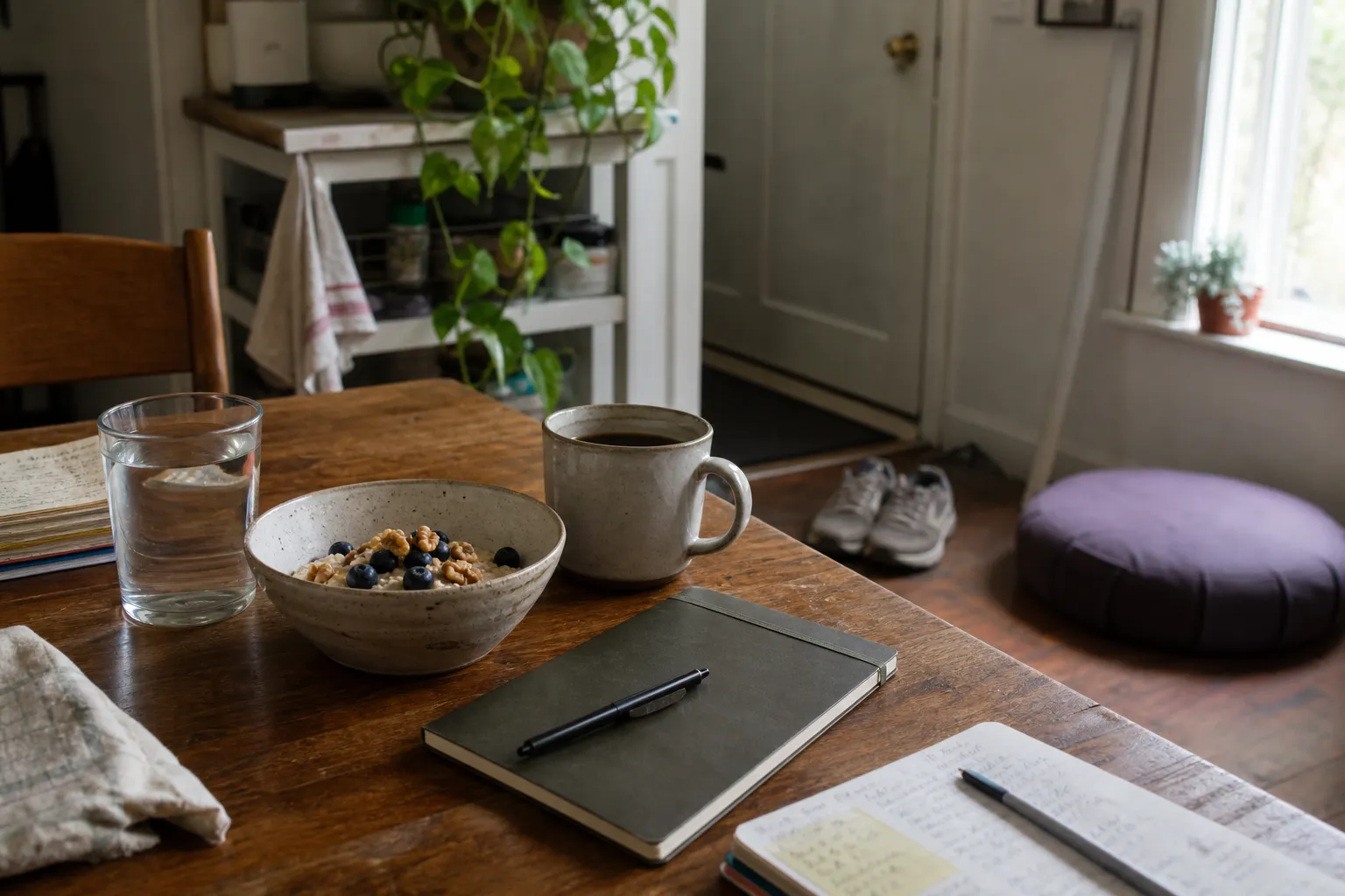 A grounded wellness setting with water, food, a journal, and quiet space before spiritual practice