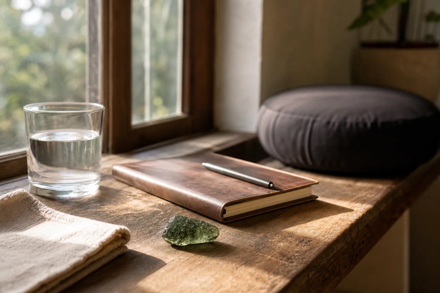 A crystal beside a journal and a pause in practice, used as a symbolic anchor rather than a symptom explanation