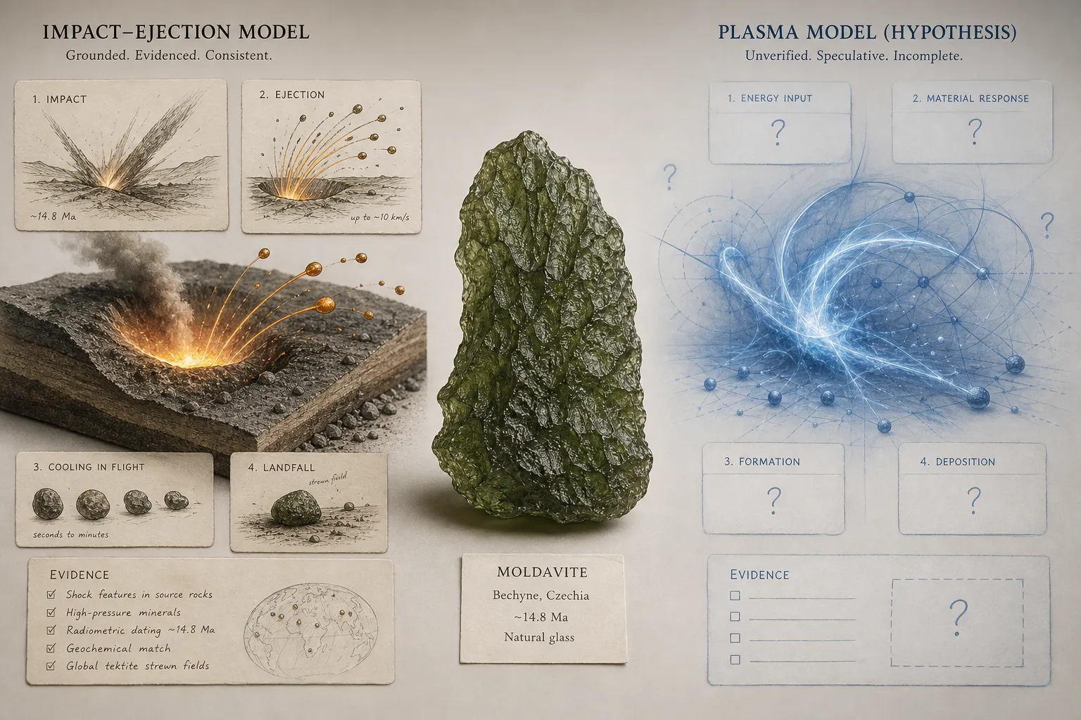 Moldavite impact model comparison showing splash language as familiar ejection shorthand and the plasma label as an unverified claim