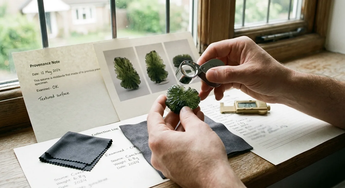 A moldavite buyer reviewing neutral photos, provenance notes, and non-destructive authenticity questions instead of using hydrofluoric acid