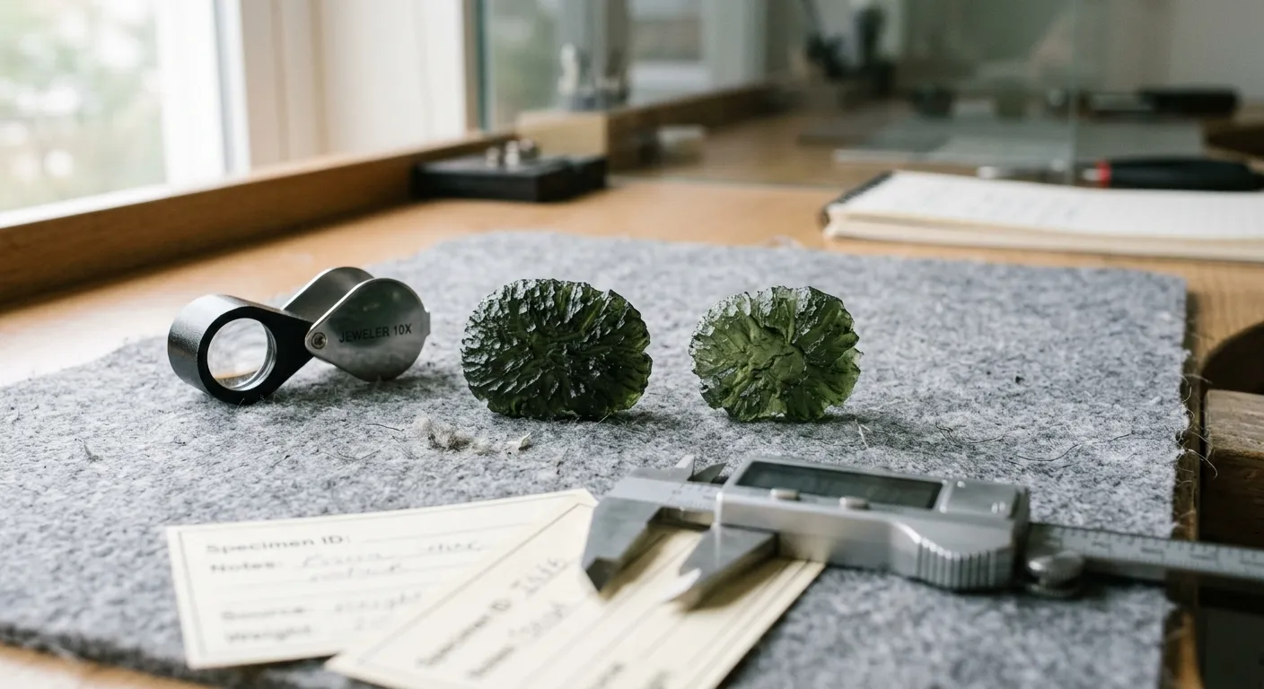 A close inspection view comparing textured green moldavite-like glass with the whole-object context needed for authenticity screening