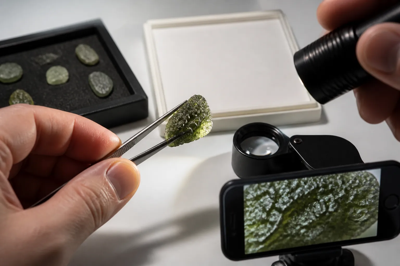Side lighting and magnification used to examine moldavite relief, pits, grooves, and softened edges