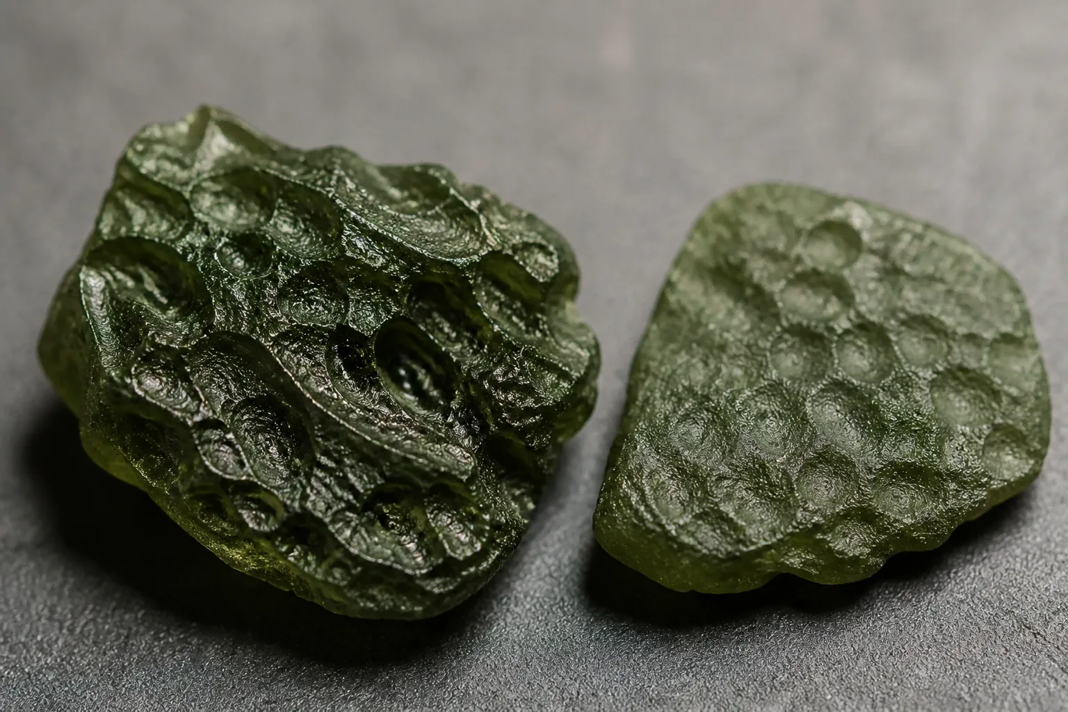 Close inspection of rough moldavite surface texture showing irregular pits, grooves, ridges, and uneven relief