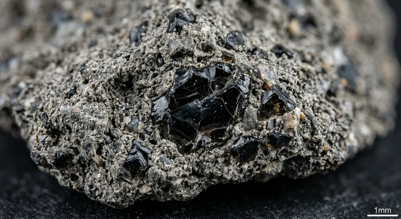 Macro shot of suevite impact-melt breccia containing dark glassy inclusions