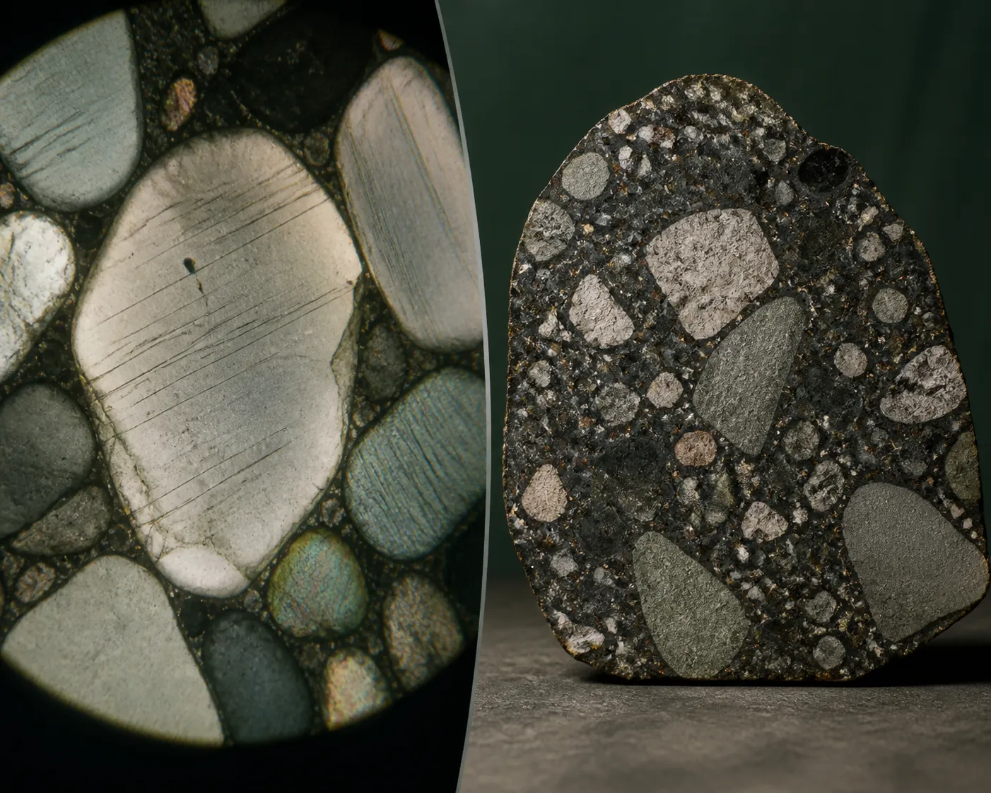 Quartz grains with microscopic shock features contrasted with suevite as an impact breccia rock type