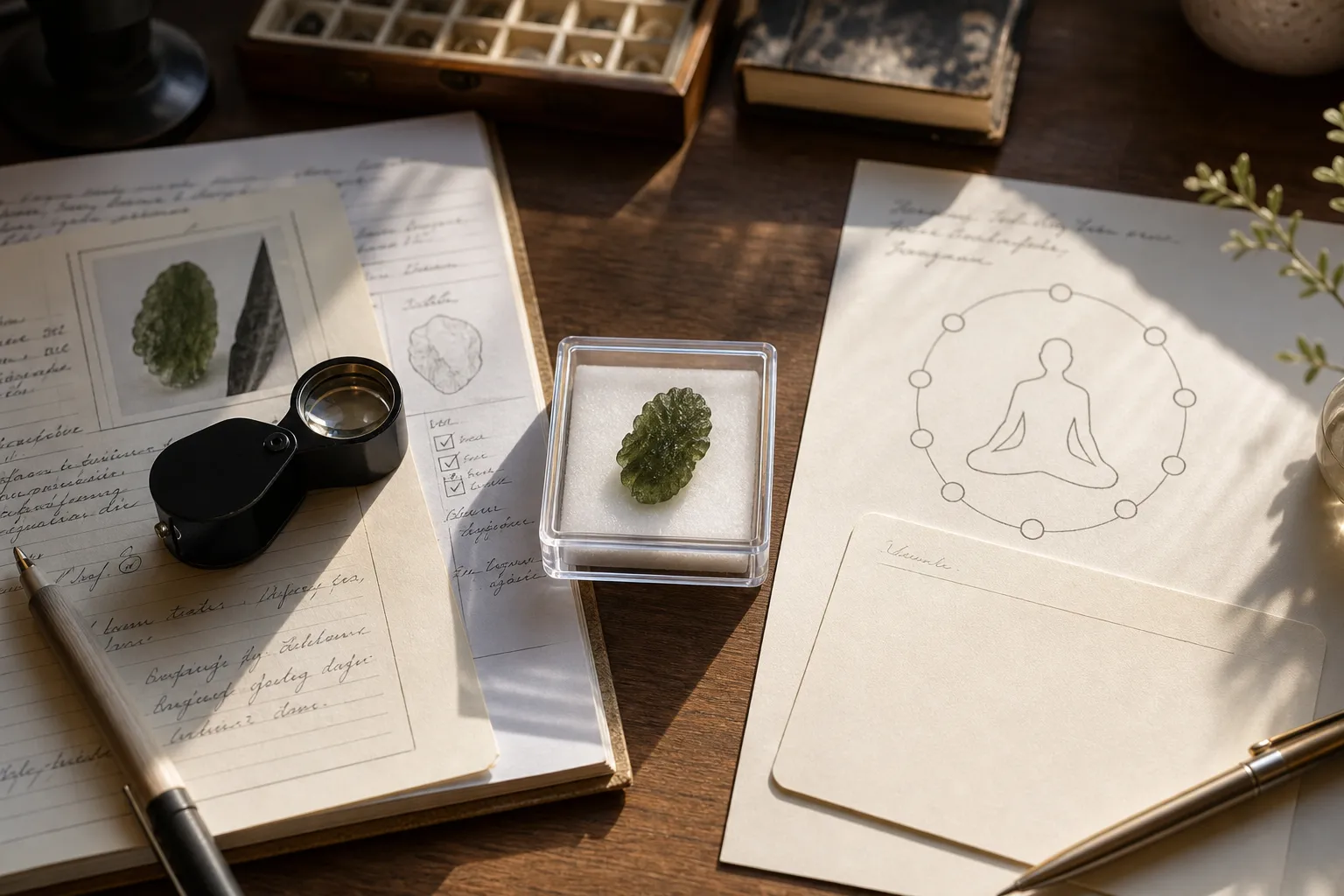 Moldavite specimen notes separated from symbolic grid intention notes