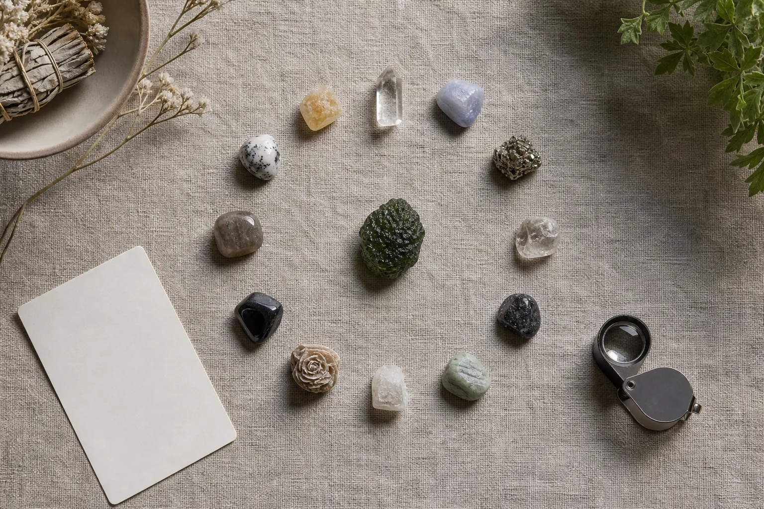 Twelve-position crystal grid centered on a tektite specimen as a symbolic focus for reflection