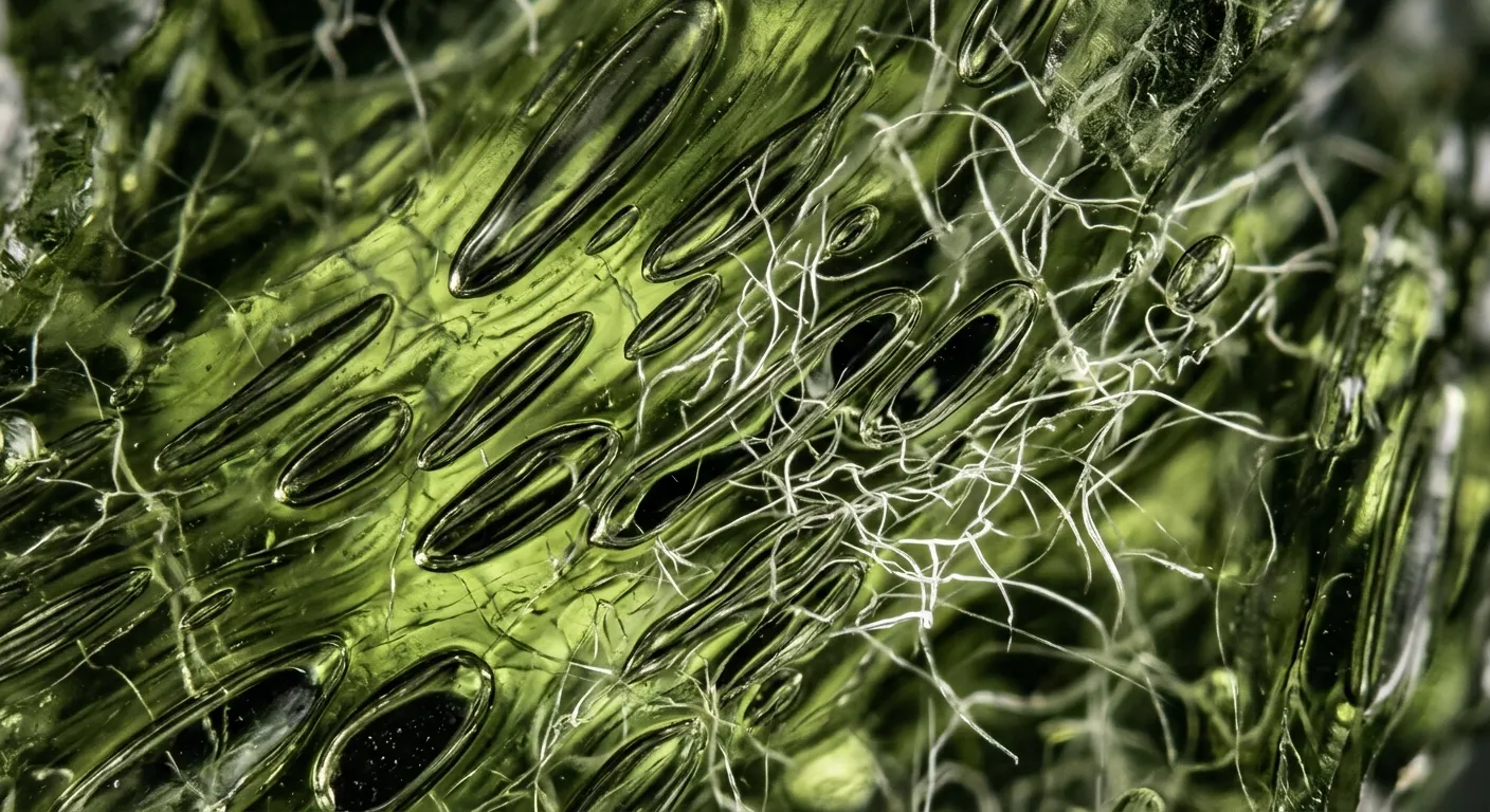 Macro photography of authentic moldavite showing elongated asymmetrical gas bubbles and lechatelierite wires