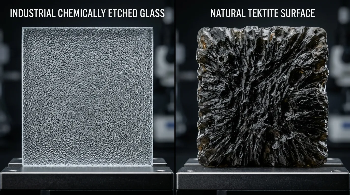 Microscopic view of chemically etched glass surface vs natural tektite pitting