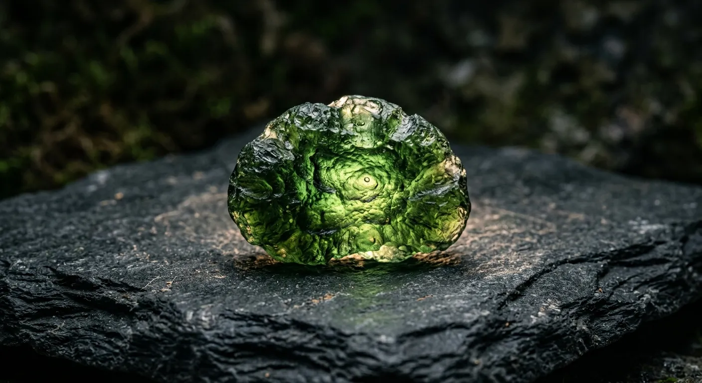 Macro shot of a glowing green tektite specimen resting on dark slate