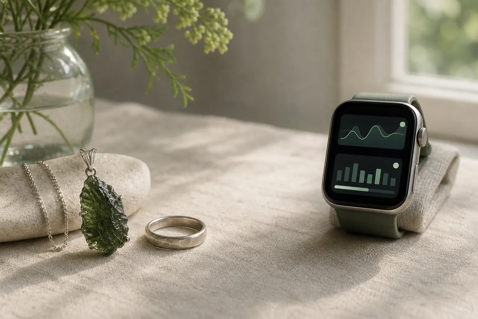 Moldavite jewelry beside a smart wearable dashboard, showing the boundary between a mindfulness cue and physiological metrics.