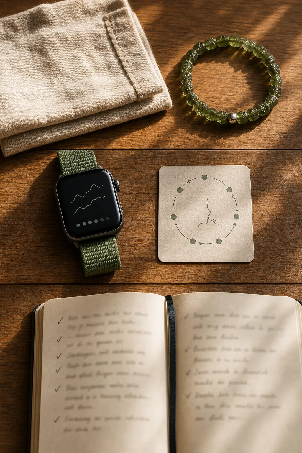 A mindful routine with moldavite, wearable metrics, and journal notes kept in separate interpretation lanes.