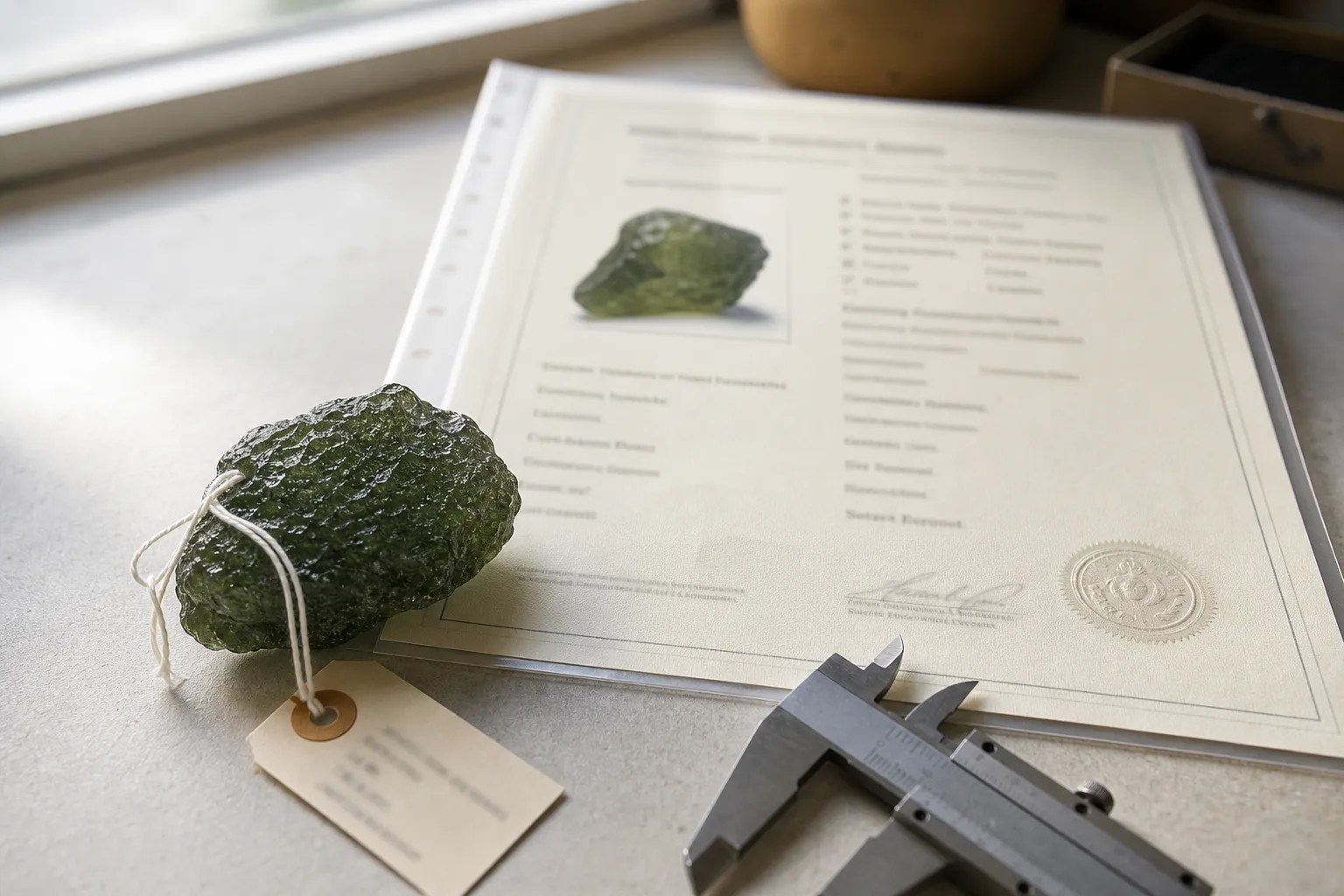 A moldavite specimen beside a certificate, showing that paper must be tied to the exact object.