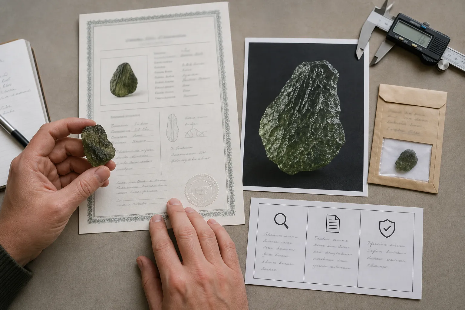 A buyer checking whether a moldavite certificate matches the object, issuer, and supporting evidence.