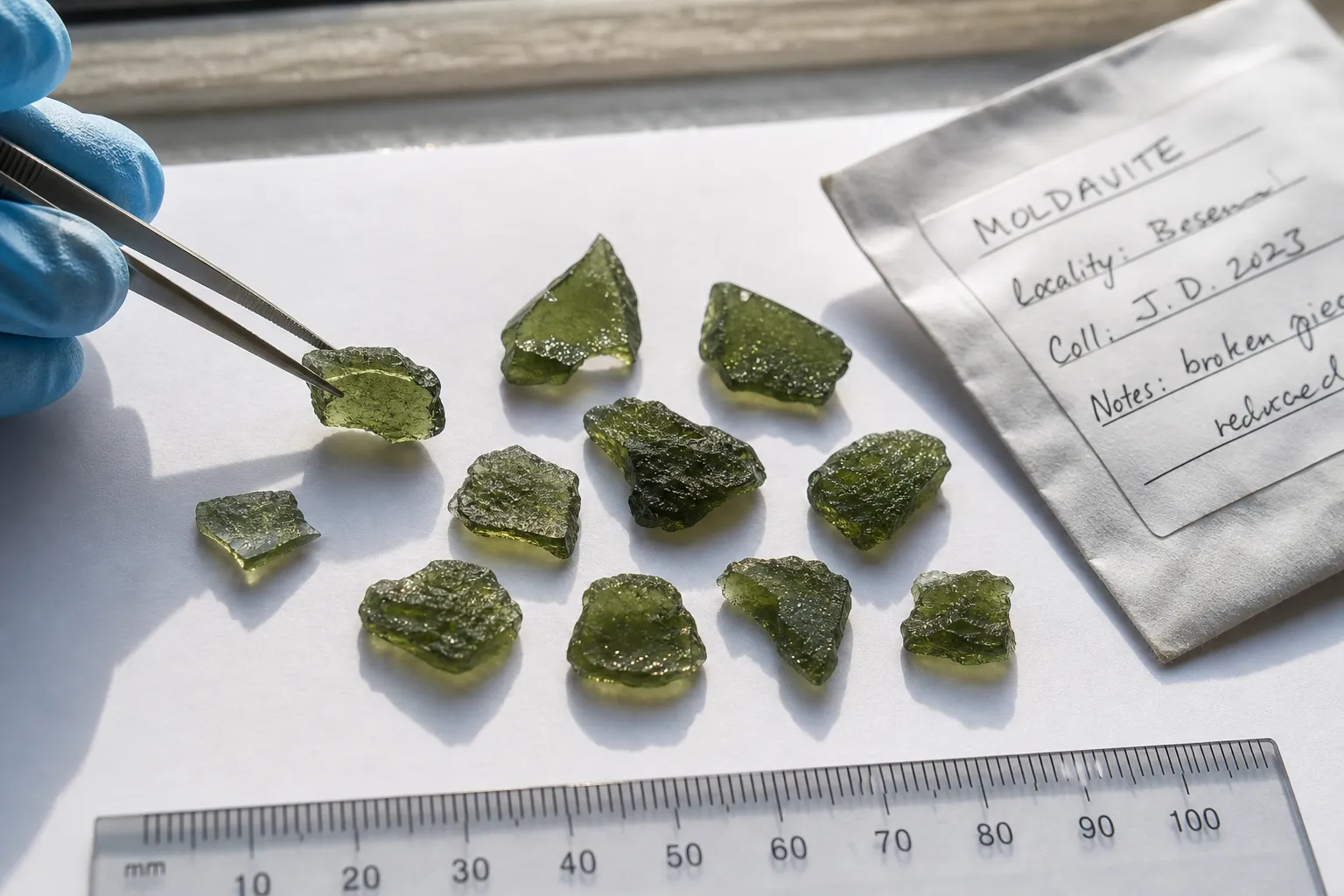 Broken moldavite fragments beside documentation and a scale reference