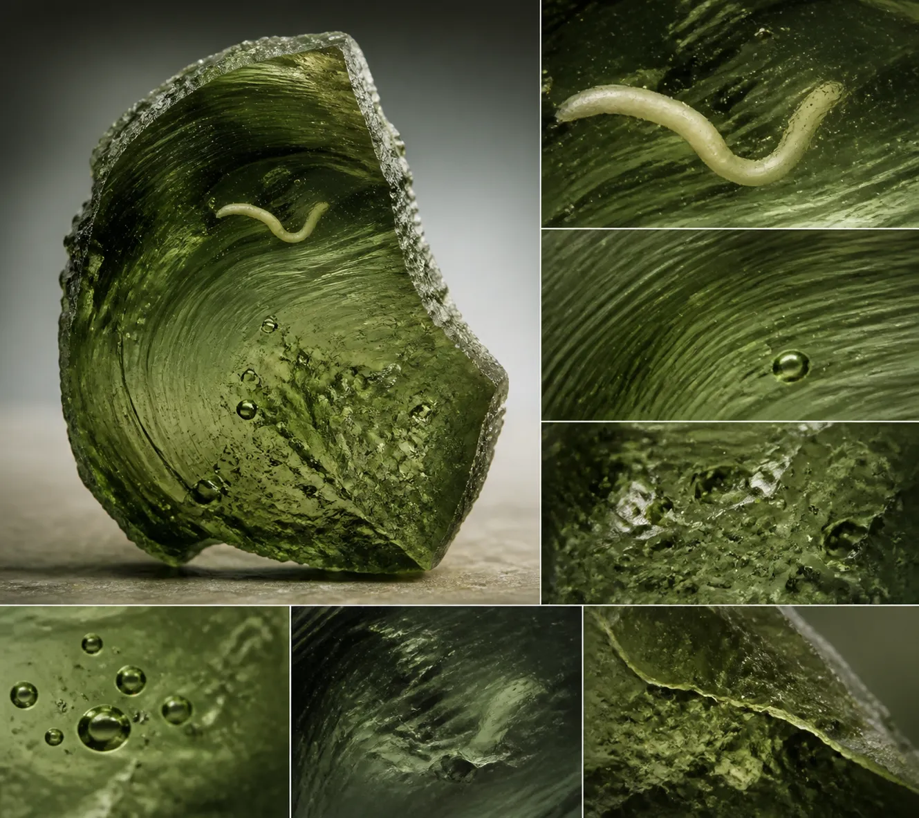Comparison-style view of moldavite evidence showing a worm-like inclusion as one clue among flow lines bubbles and host glass context