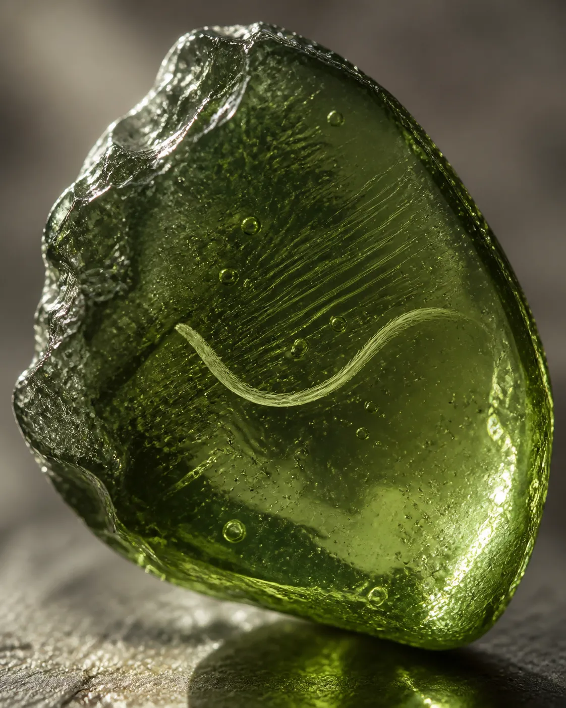 Close view of green moldavite with a pale curved worm-like lechatelierite inclusion inside the glass