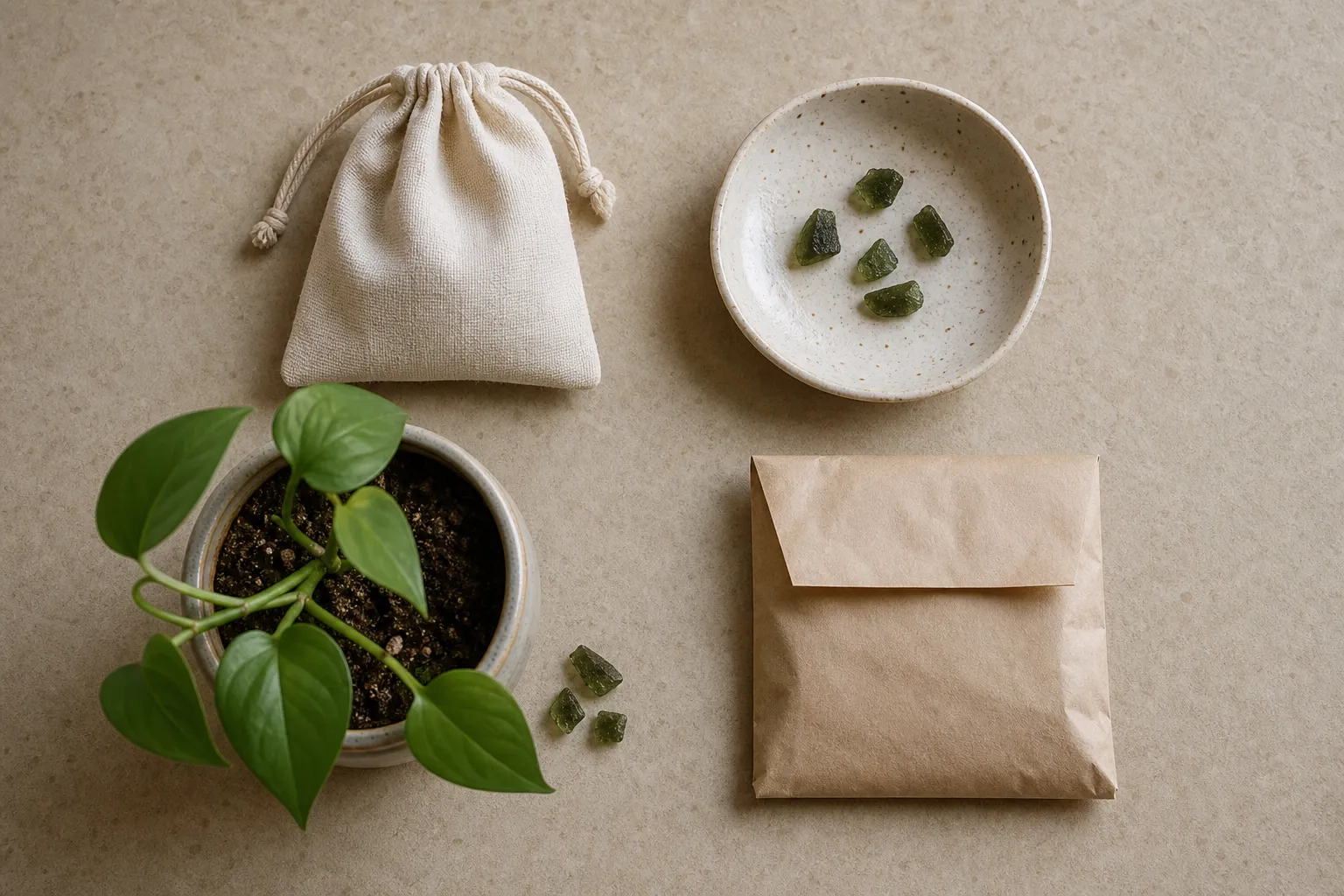 Four careful options for broken moldavite shards shown as a pouch, keepsake dish, soil planter, and wrapped disposal packet