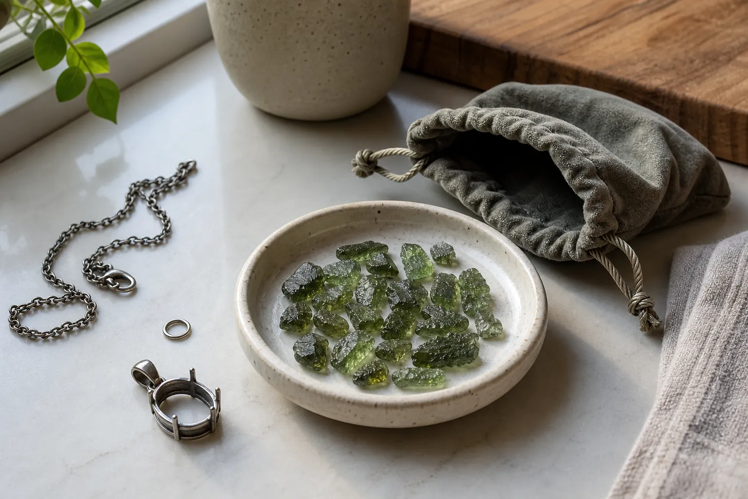 Broken moldavite pendant shards gathered safely beside a pouch, small dish, and jewelry setting