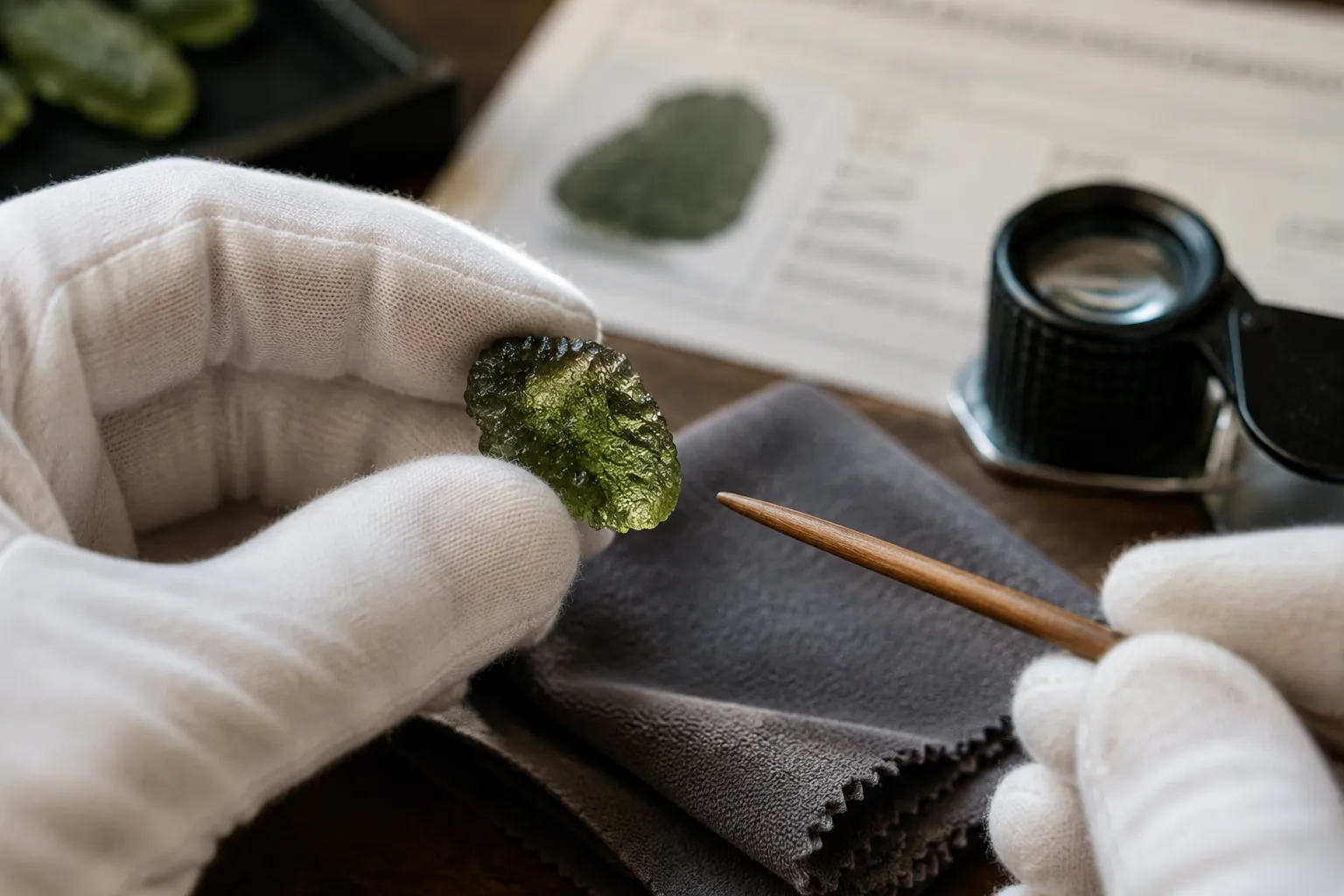 A gentle non-destructive moldavite sound check framed as secondary evidence rather than proof of authenticity