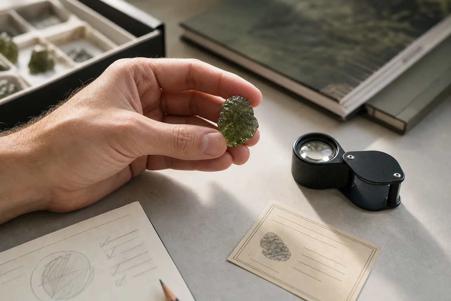 A hand holding a green moldavite specimen beside notes about physical evidence rather than body sensation