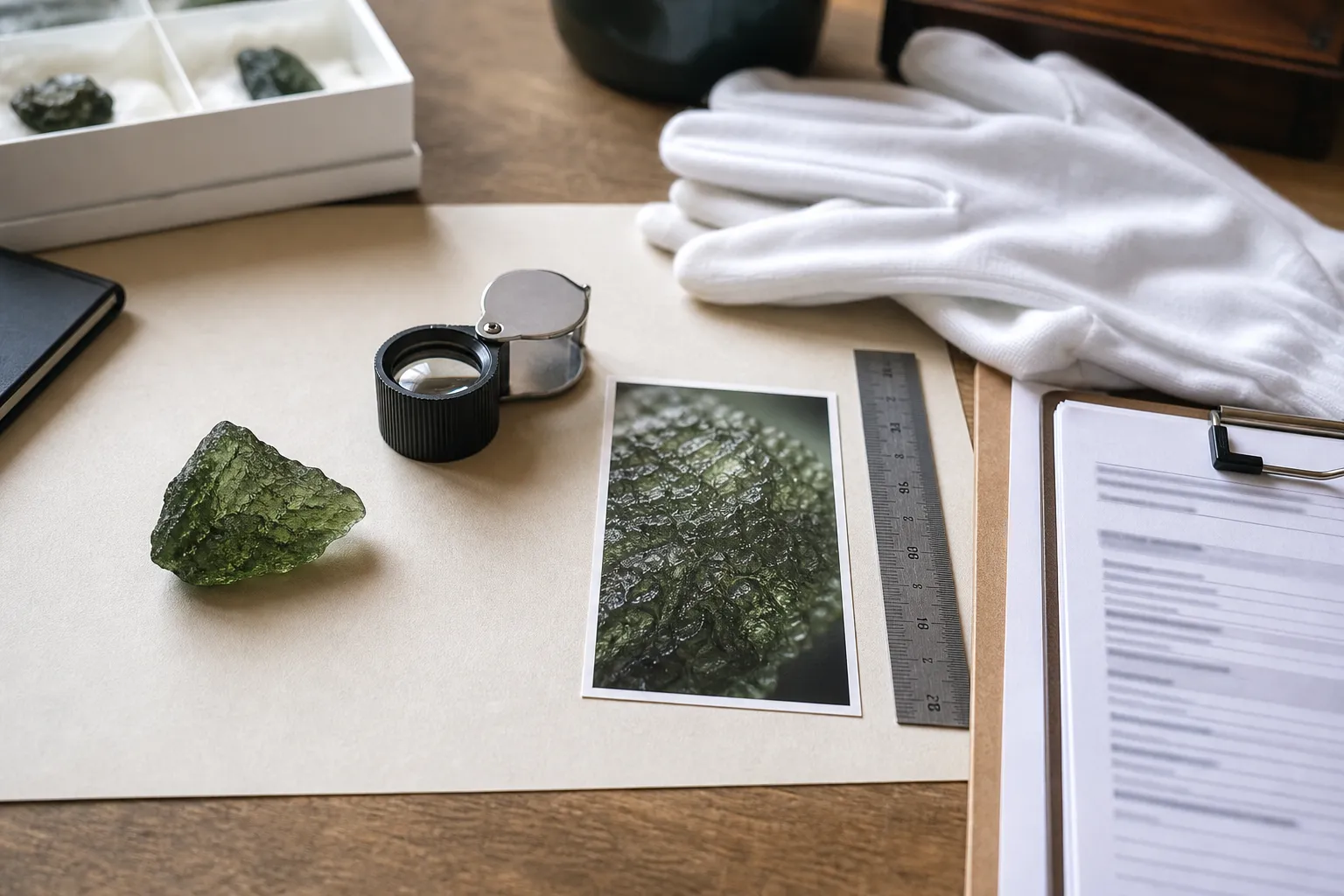 A moldavite specimen being reviewed with clear photos provenance notes and material observations
