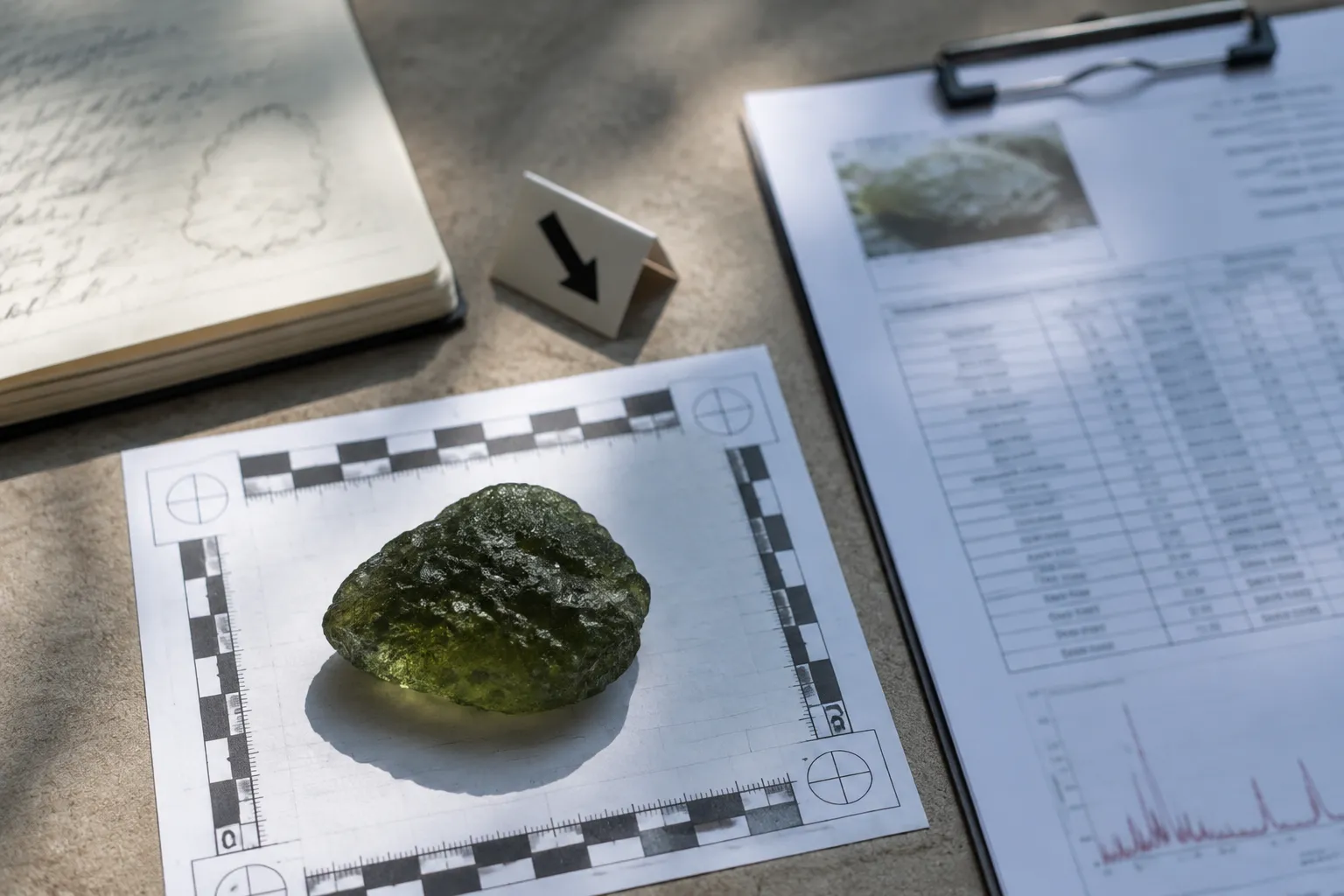 Close view of an irregular moldavite surface beside a recorded XRF measurement result for comparison context